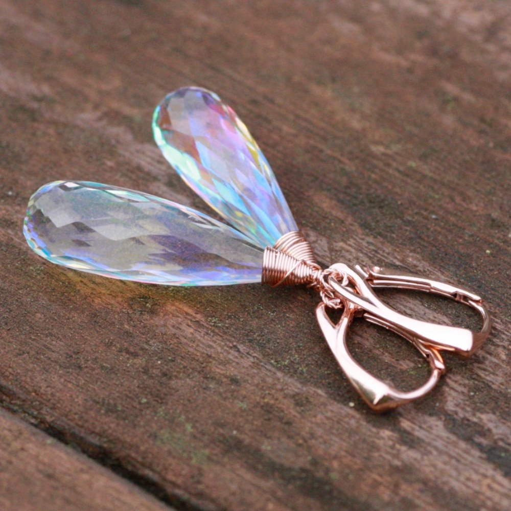 New Rainbow Moonstone Briolette Earrings 18k Rose Gold Filled, Wire Wrapped